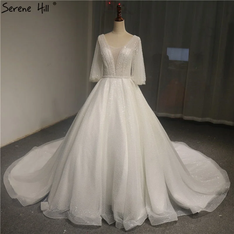 White V-Neck Flare Sleeve Wedding Dresses Sequined Pearls Sparkly High-end Bridal Dress