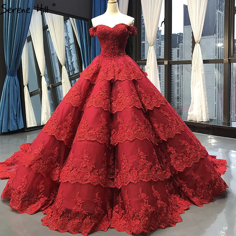 Wine Red Luxury Lace Tiered Sexy Wedding Dress Sleeveless Beading Bridal Gowns 2024 Real Picture HM66786 Custom Made