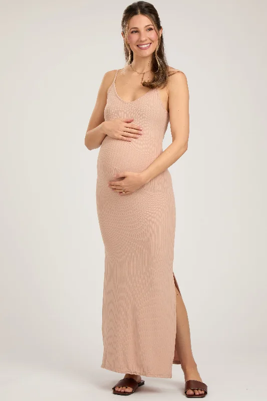 Beige Ribbed Side Slit Maternity Maxi Dress