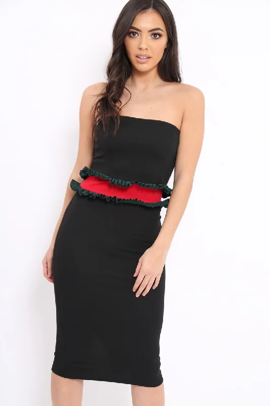 Black Bandeau Ruffle Midi Dress - Leigh