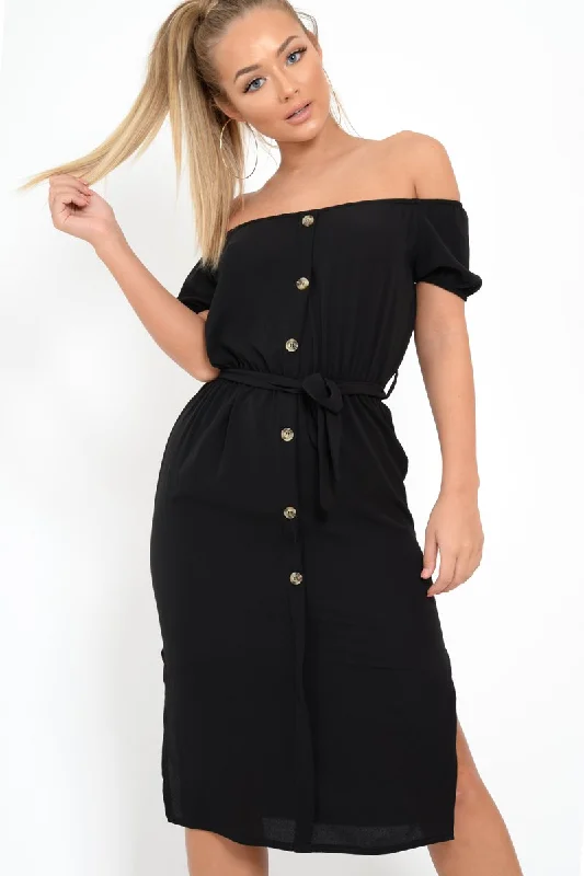 Black Bardot Puff Sleeve Button Midi Dress - Jacinta