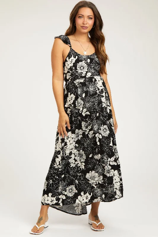 Black Floral Back Tie Maternity Maxi Dress