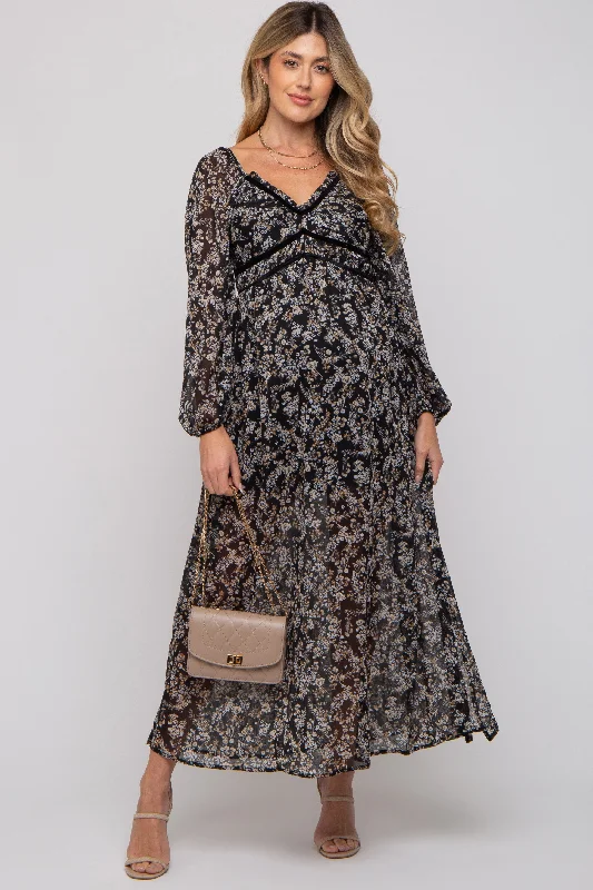 Black Floral Chiffon V-Neck Velvet Trim Maternity Maxi Dress