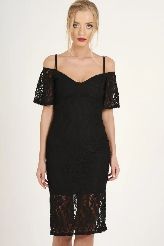 Black Lace Cut Shoulder Midi Dress - Brodi