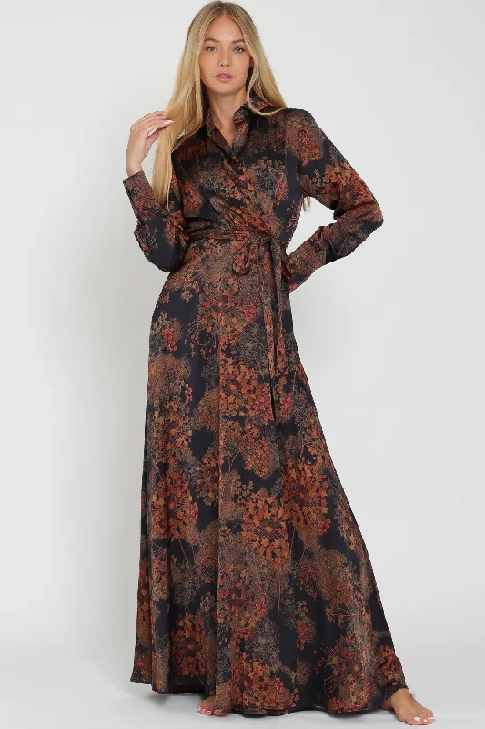 Black Long Sleeve Shirt Collar Wrap Maxi Dress