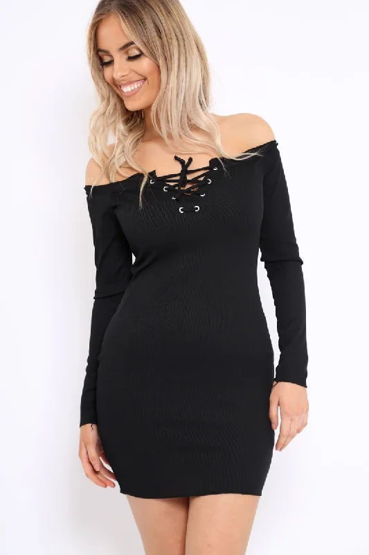 Black Ribbed Lace Up Front Mini Dress - Gracey