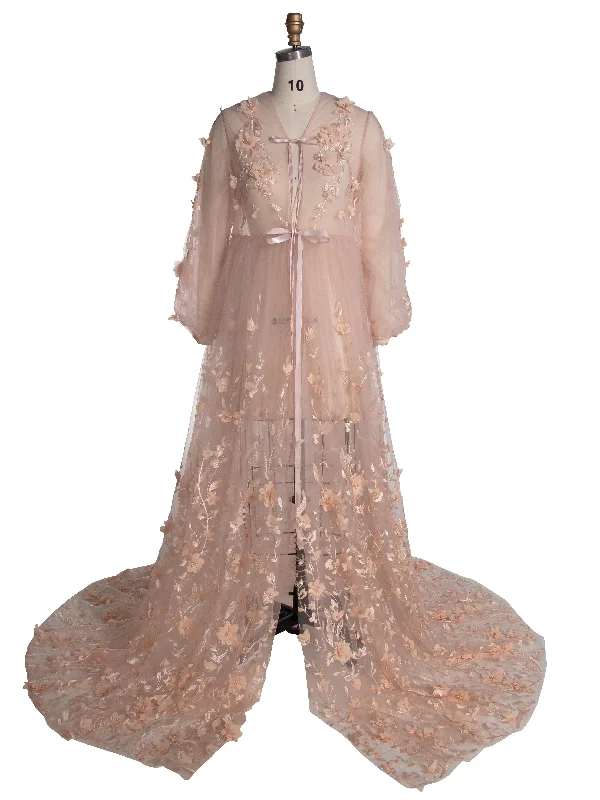 Blush Dress with 3D Floral Lace Boho Sheer Mesh Fairy Maxi Dress Photoshoot Outfit YW240107