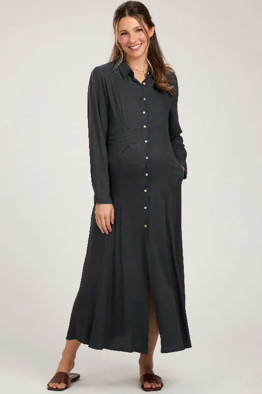 Charcoal Collared Button Down Long Sleeve Maternity Maxi Dress