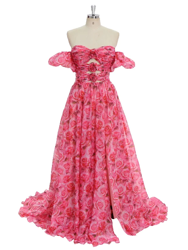 Floral Print Organza Maxi Dress Prom Party Dress Deachable Short Sleeves YW230739