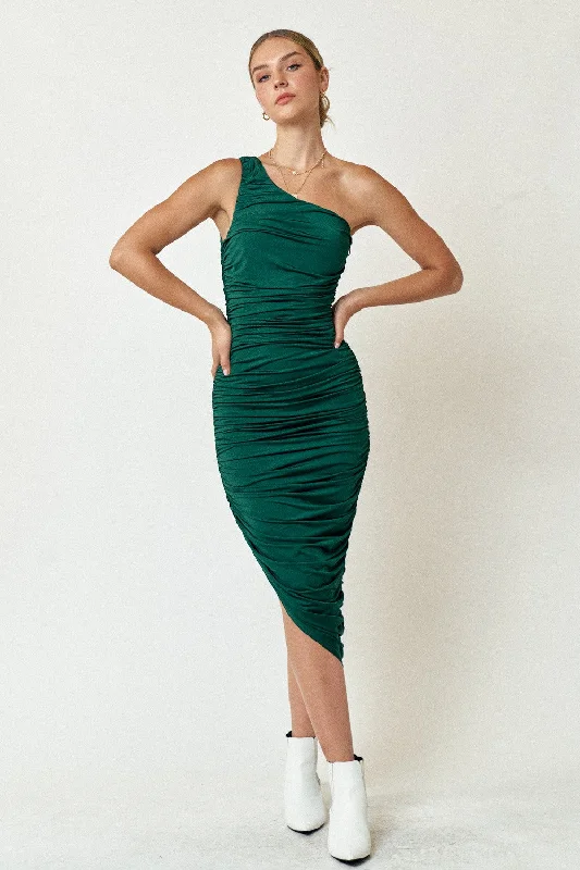 Forest Green Ruched Asymmetrical Maxi Dress