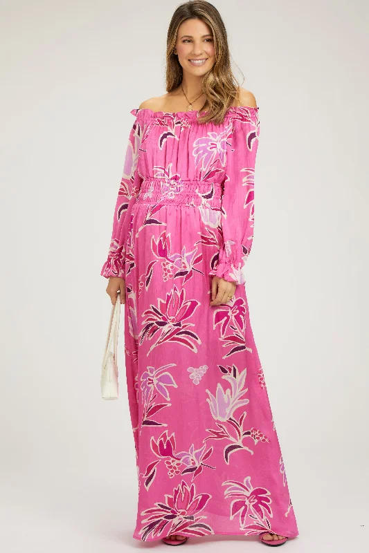 Fuchsia Floral Ruffle Neck Maternity Maxi Dress