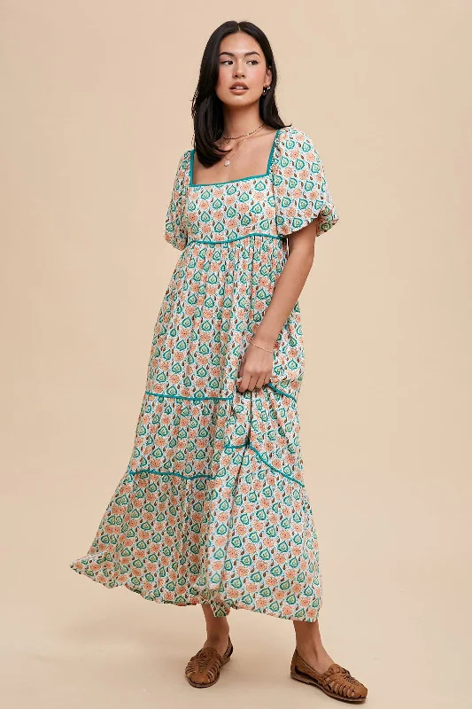 Green Floral Print Puff Sleeve Maxi Dress