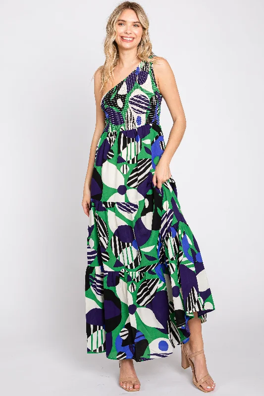 Green Printed One Shoulder Tiered Maxi Dress