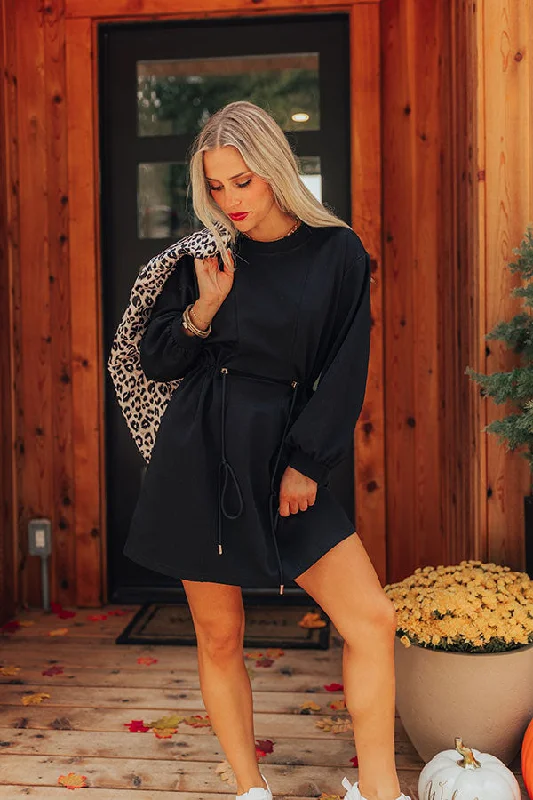 Latte Run Drawstring Mini Dress in Black