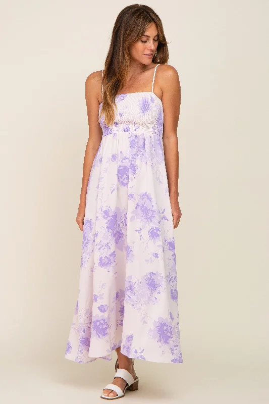 Lavender Floral Sleeveless Smocked Maxi Dress