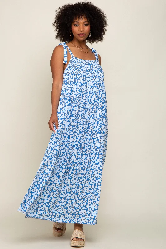 Light Blue Floral Smocked Shoulder Tie Maxi Dress