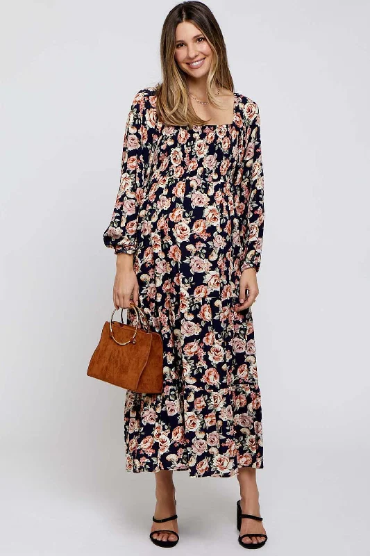 Navy Floral Long Sleeve Maternity Maxi Dress