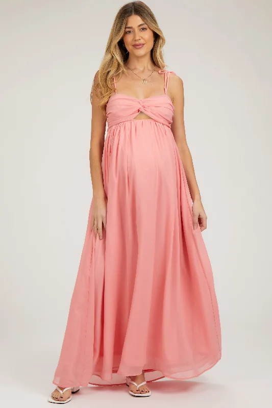 Peach Chiffon Sleeveless Cutout Front Maternity Maxi Dress