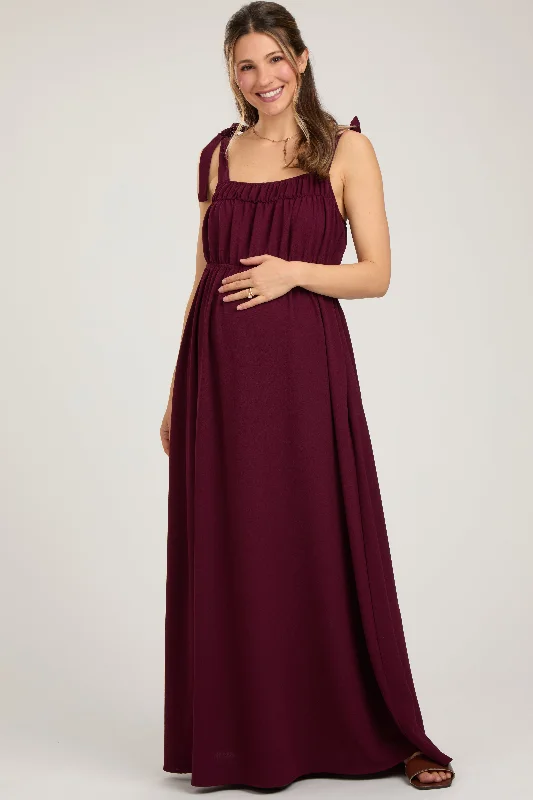 Plum Square Neck Shoulder Tie Maternity Maxi Dress