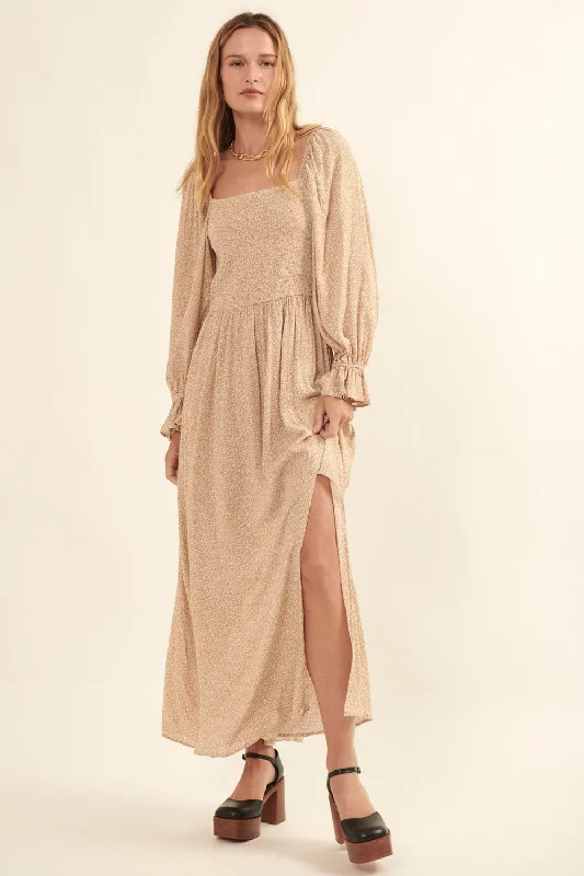 Sand Floral Square Neck Smocked Long Sleeve Maxi Dress