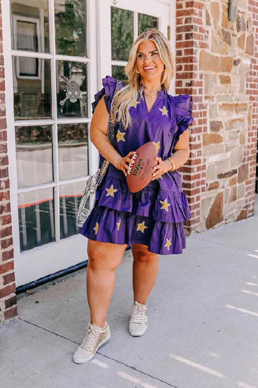 Under The Stadium Lights Ruffle Mini Dress in Purple Curves