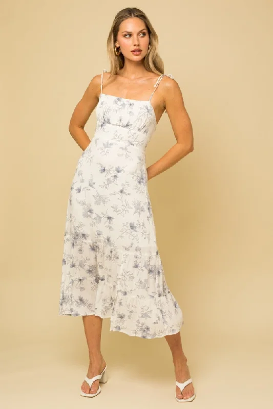 White Floral Sleeveless Back Smocking Slit Maxi Dress