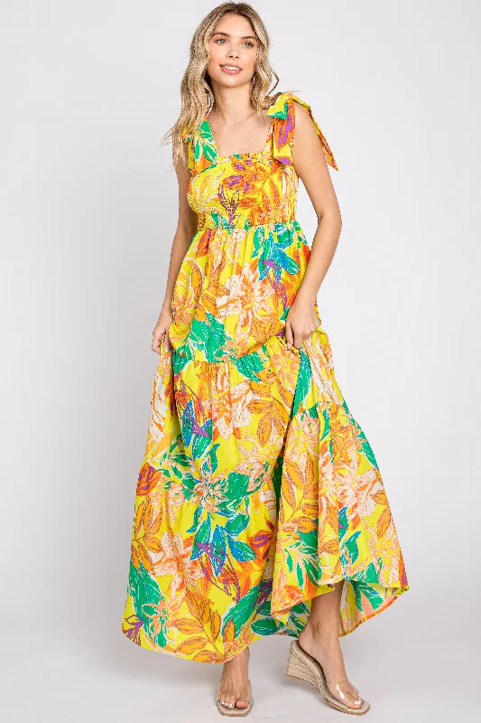 Yellow Tropical Print Smocked Tie Sleeve Maxi Dress