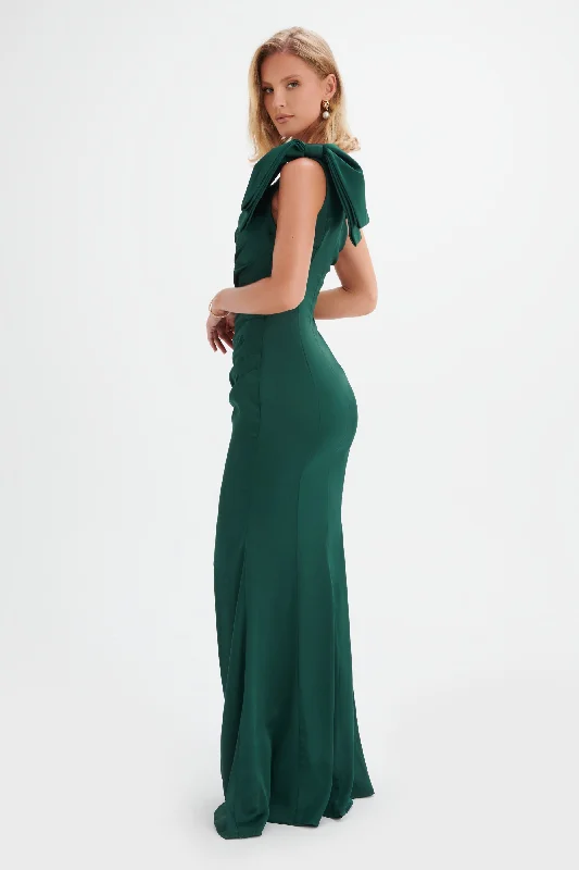 EMELIA One Shoulder Bow Pleated Maxi Dress in Emerald Green