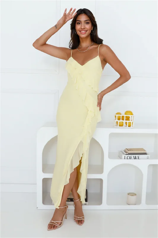 Flaunt It Girl Frill Mesh Maxi Dress Yellow