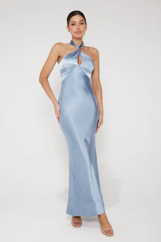 Jessica Halter Neck Keyhole Satin Maxi Dress - Light Blue