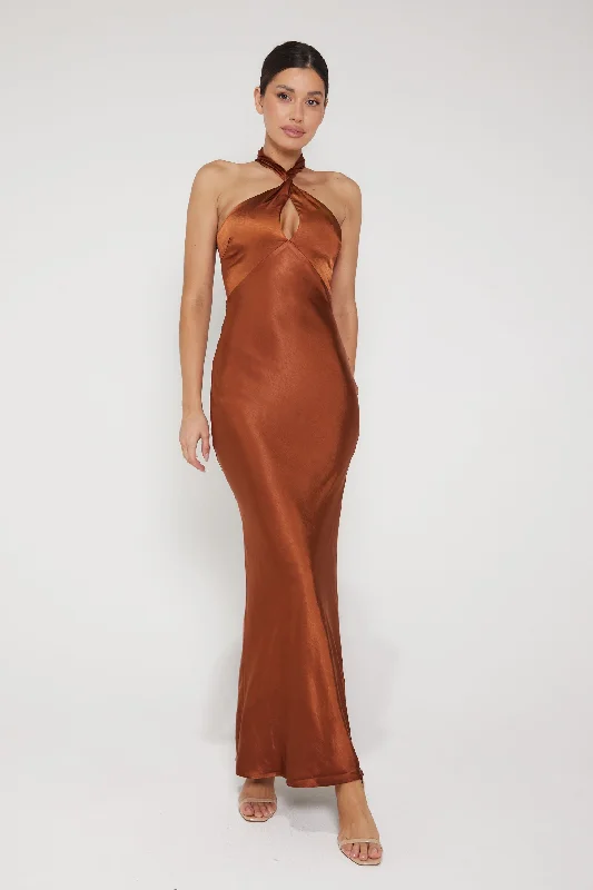 Jessica Halter Neck Keyhole Satin Maxi Dress - Rust