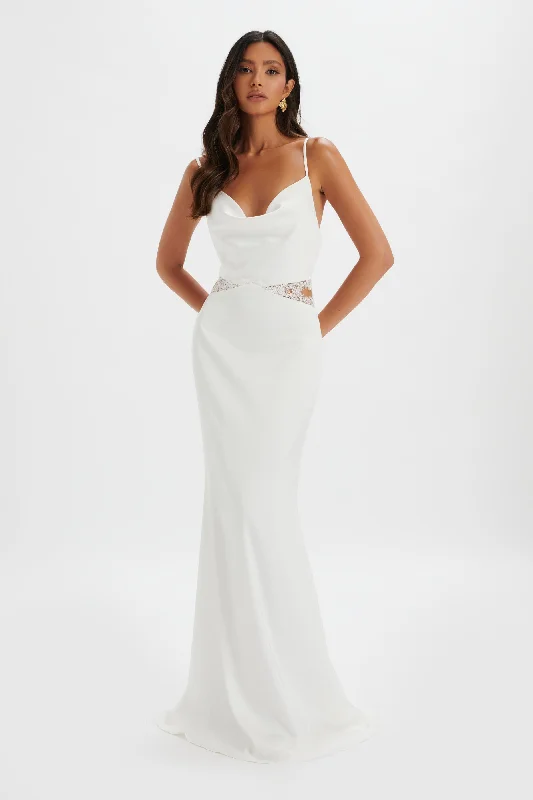 MAY Lace Insert Satin Maxi Dress in White