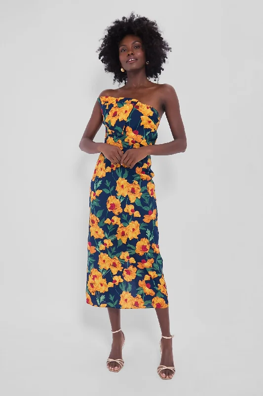 Navy & Marigold Floral Ruffle Margot Maxi Dress