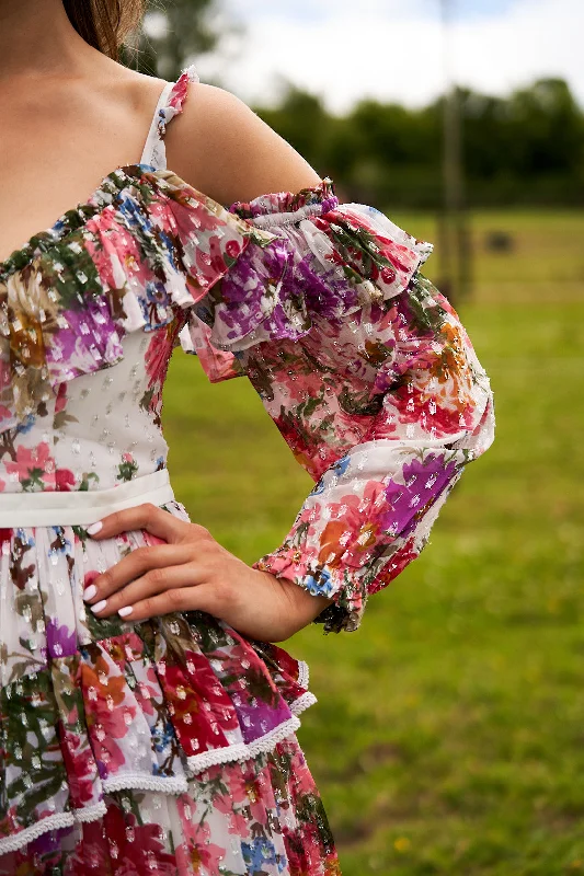 Needle & Thread Ruffle Cold Shoulder Maxi Dress In All Over Floral Print