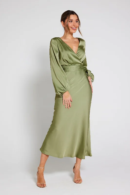 Pippa Long Sleeve Satin Maxi Dress - Olive