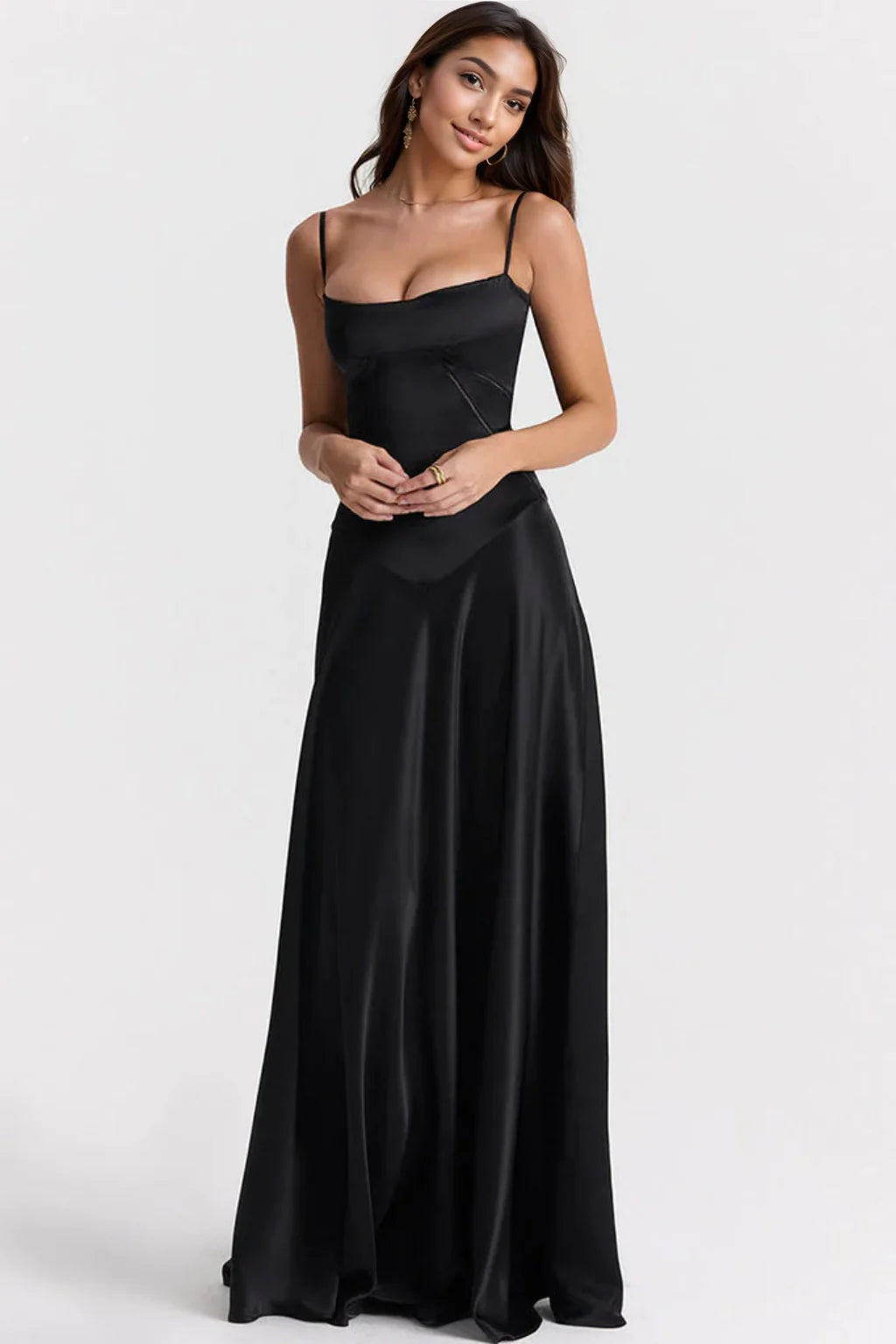 Sexy Square Neck Pintuck Trim Lace Up Back Satin Slip Maxi Dress - Black