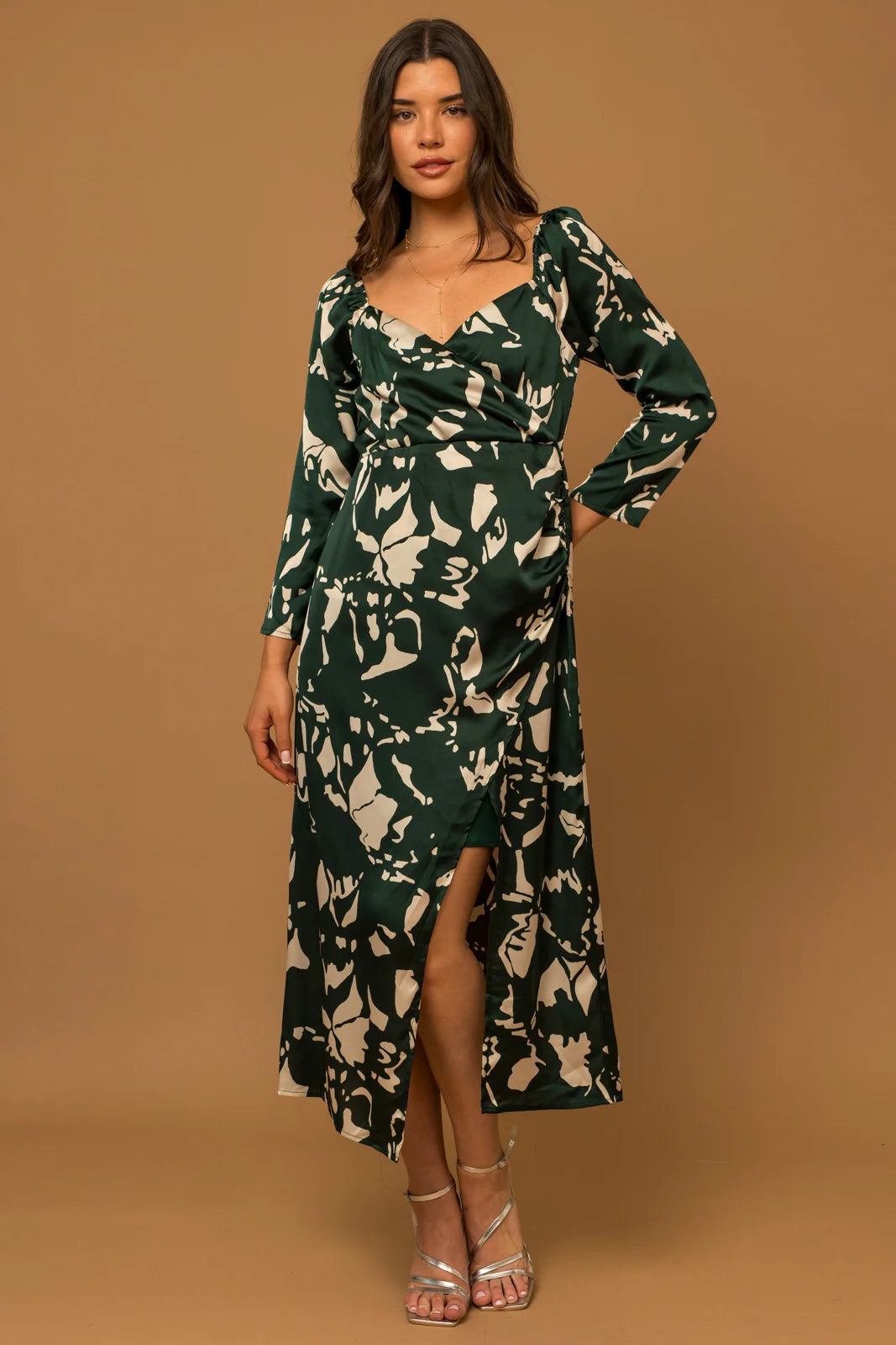 Long Sleeve Smocked Back Wrap Midi Dress