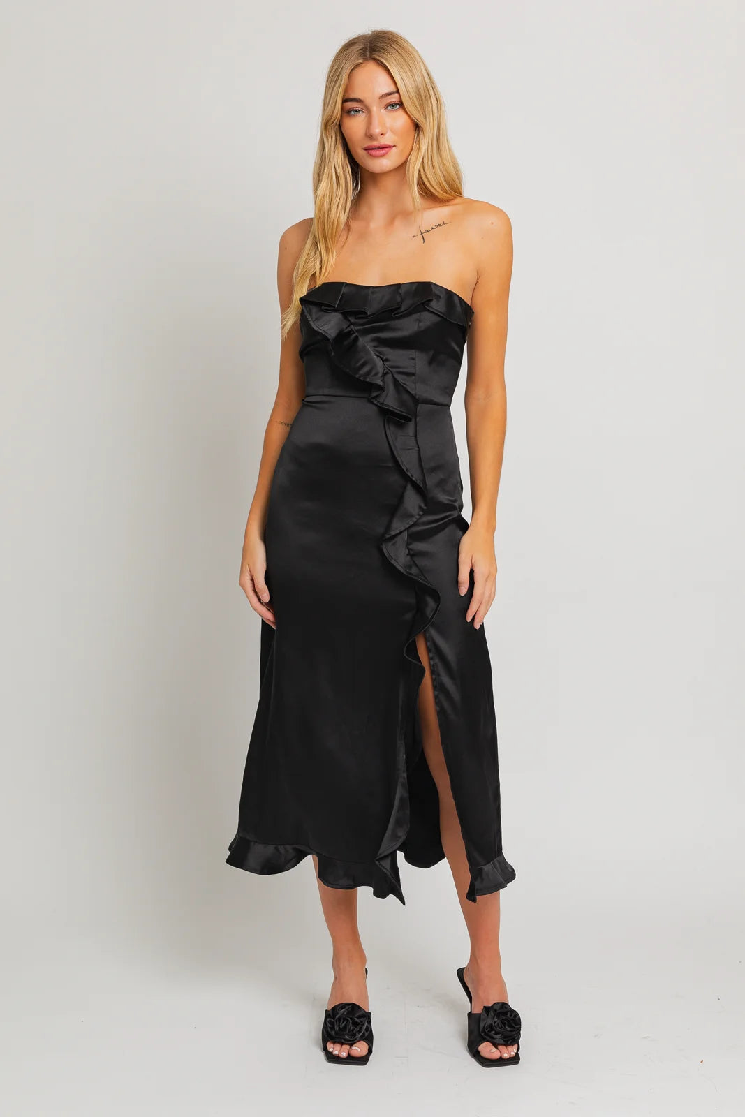 Satin Strapless Ruffle Front Slit Midi Dress