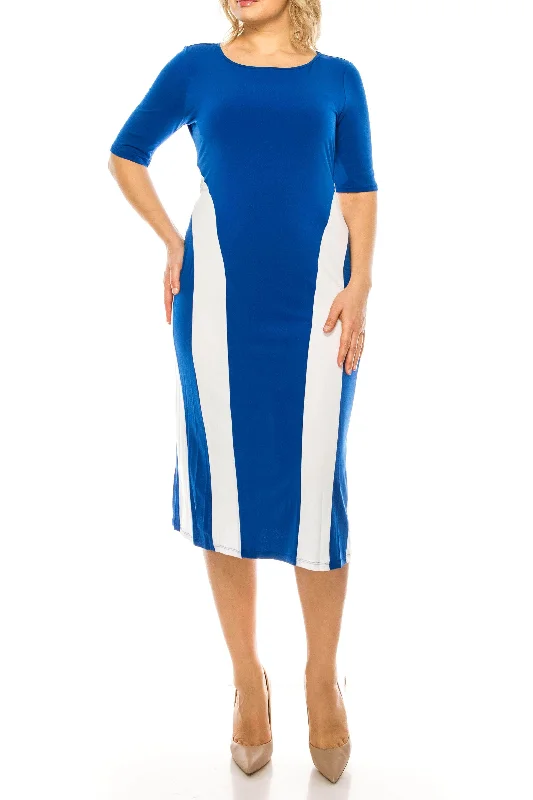 ILE Clothing ITS300 - White Stripes On Sides Midi Formal Dress