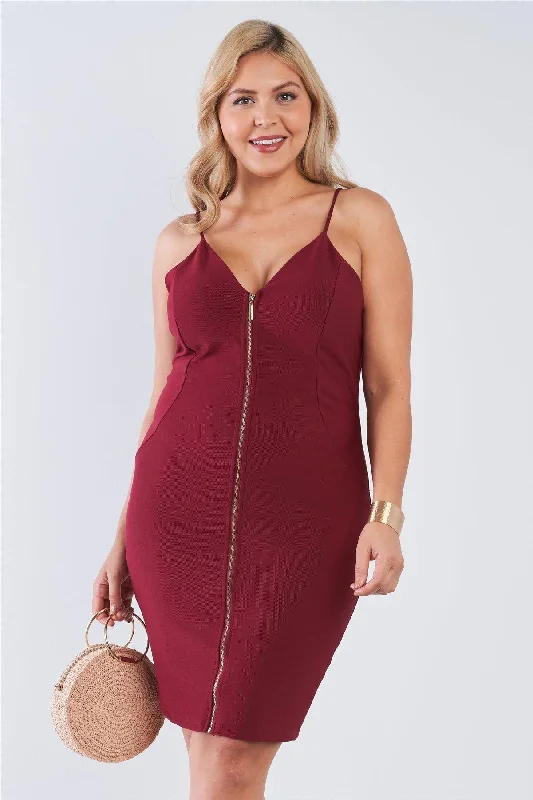 Junior Plus Size Burgundy V-Neck Zip Up Bodycon Midi Dress /2-2-2