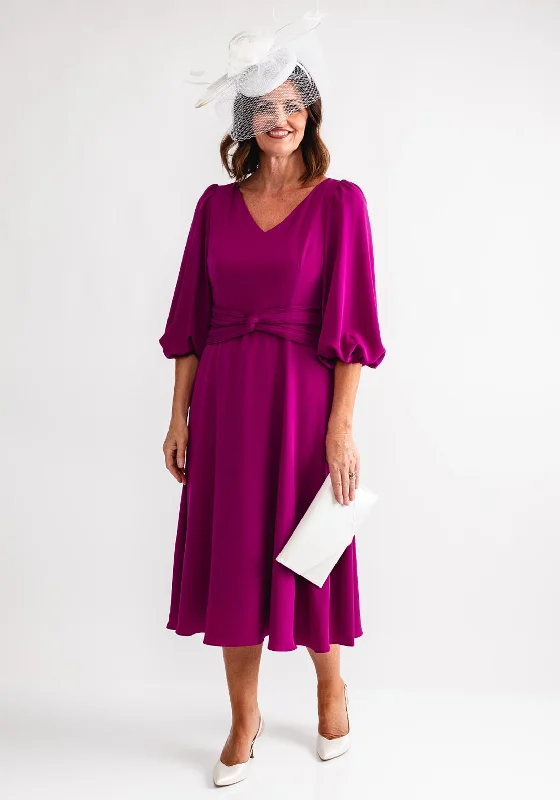 Lizabella Knit Waist V Neck Midi Dress, Fuchsia