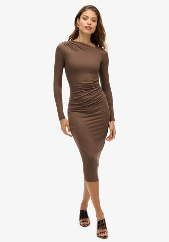 Superdry Womens Long Sleeve Ruched Midi Dress, Chocolate Brown