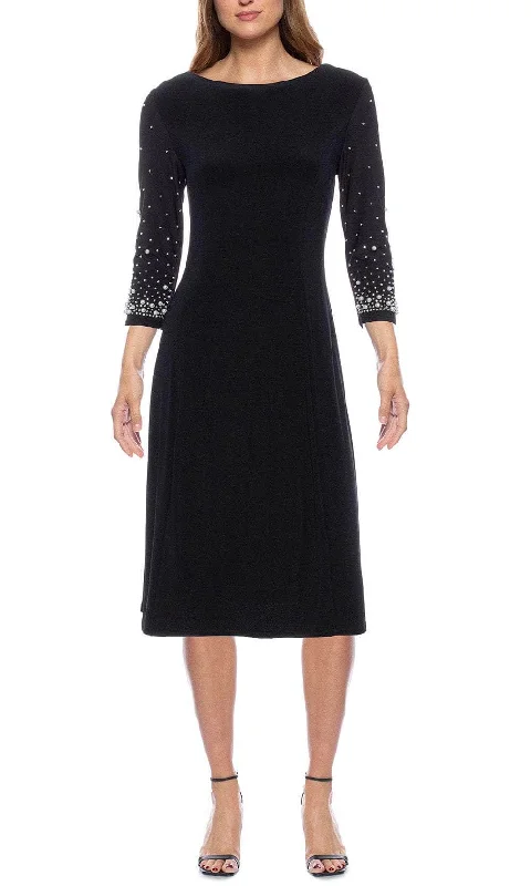 Marina 268402 - Beaded Quarter Length Sleeve Midi Dress