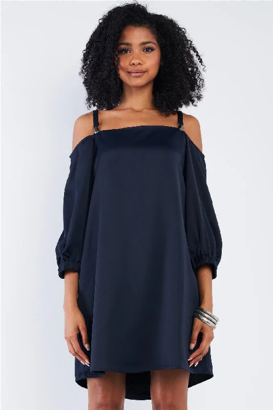 Silky Navy Blue Off-The-Shoulder Balloon Midi Sleeve Relaxed Fit Mini Dress