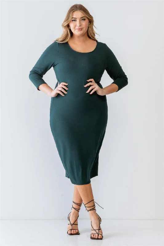 Junior Plus Size Green Basic Long Sleeve Midi Dress /1-2-2-1