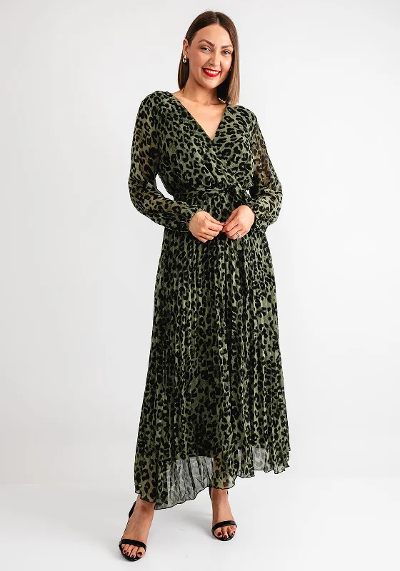 Serafina Collection Leopard Pleated Midi Wrap Dress, Green