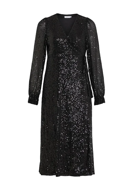 Vila Maia Sequin Midi Wrap Dress, Black