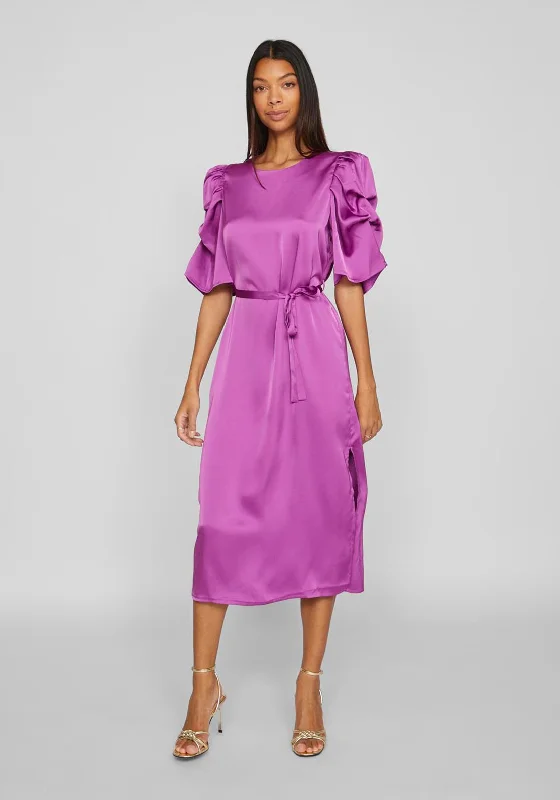 Vila Ravenna Satin Puff Sleeve Midi Dress, Cattleya Orchid