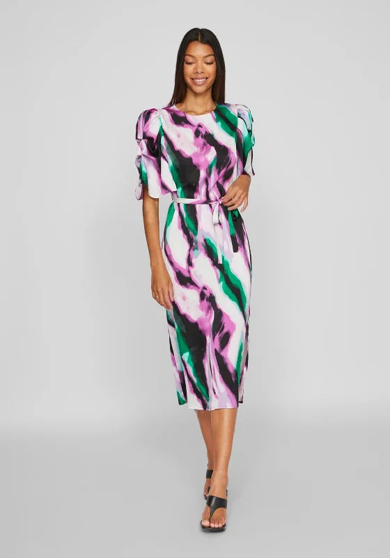 Vila Ravenna Satin Puff Sleeve Midi Dress, Fern Green