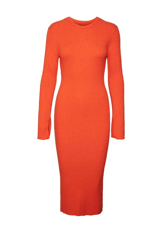 Vero Moda Gold Ribbed Knit Midi Dress, Tangerine Tango